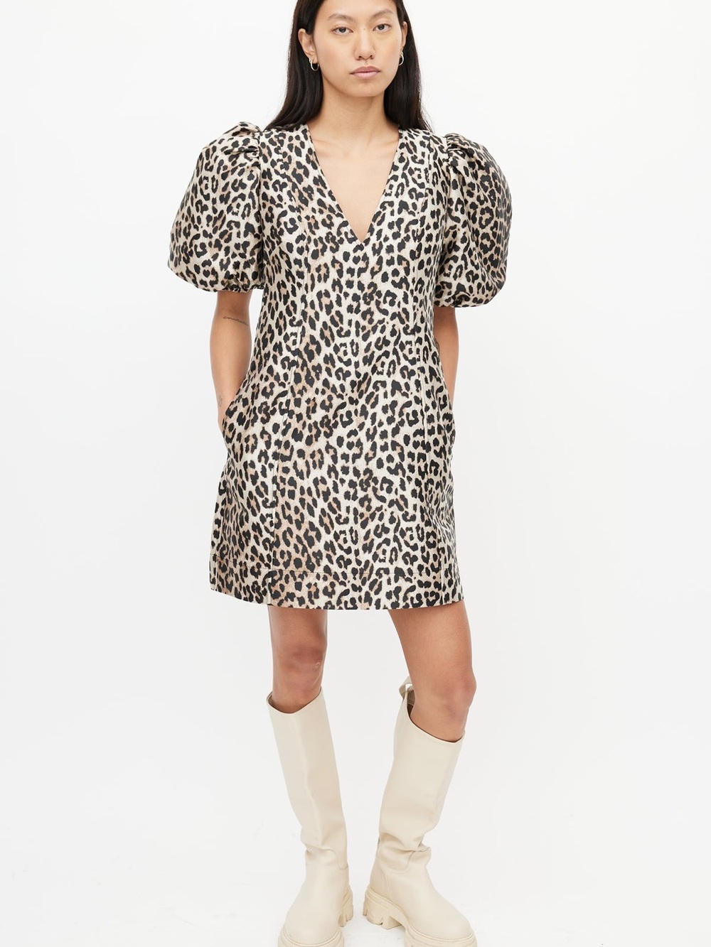 GANNI Leopard Print Puff-Sleeve V-Neck Mini Dress - Beige/Black